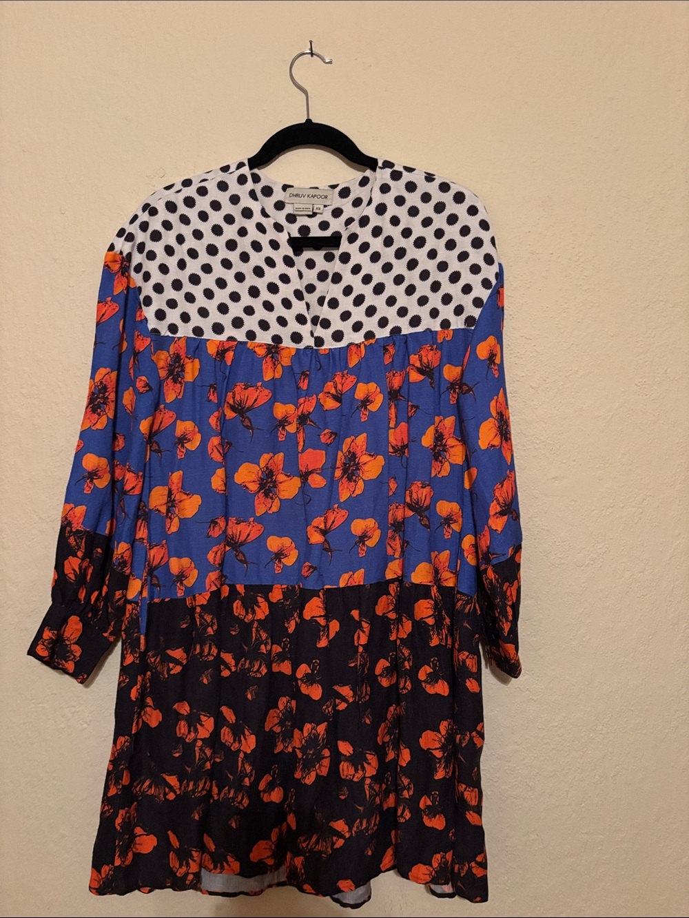 Dhruv Kapoor Blue and Orange Floral Long Sleeve Polka Yoke Dress